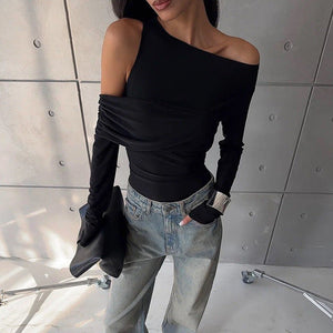 Irregular oblique shoulder pleated slim T-shirt top - Negative Apparel
