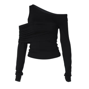 Irregular oblique shoulder pleated slim T-shirt top - Negative Apparel