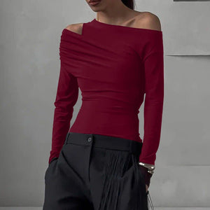 Irregular oblique shoulder pleated slim T-shirt top - Negative Apparel