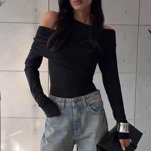 Irregular oblique shoulder pleated slim T-shirt top - Negative Apparel