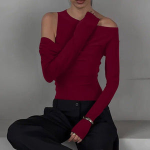 Irregular oblique shoulder pleated slim T-shirt top - Negative Apparel