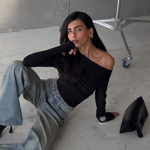 Irregular oblique shoulder pleated slim T-shirt top - Negative Apparel