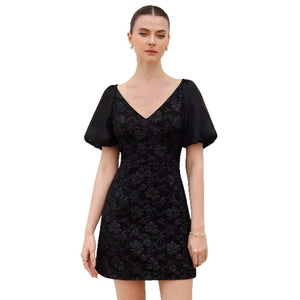 Jacquard texture V - neck bubble sleeve dress women's summer high - end sense - Negative Apparel
