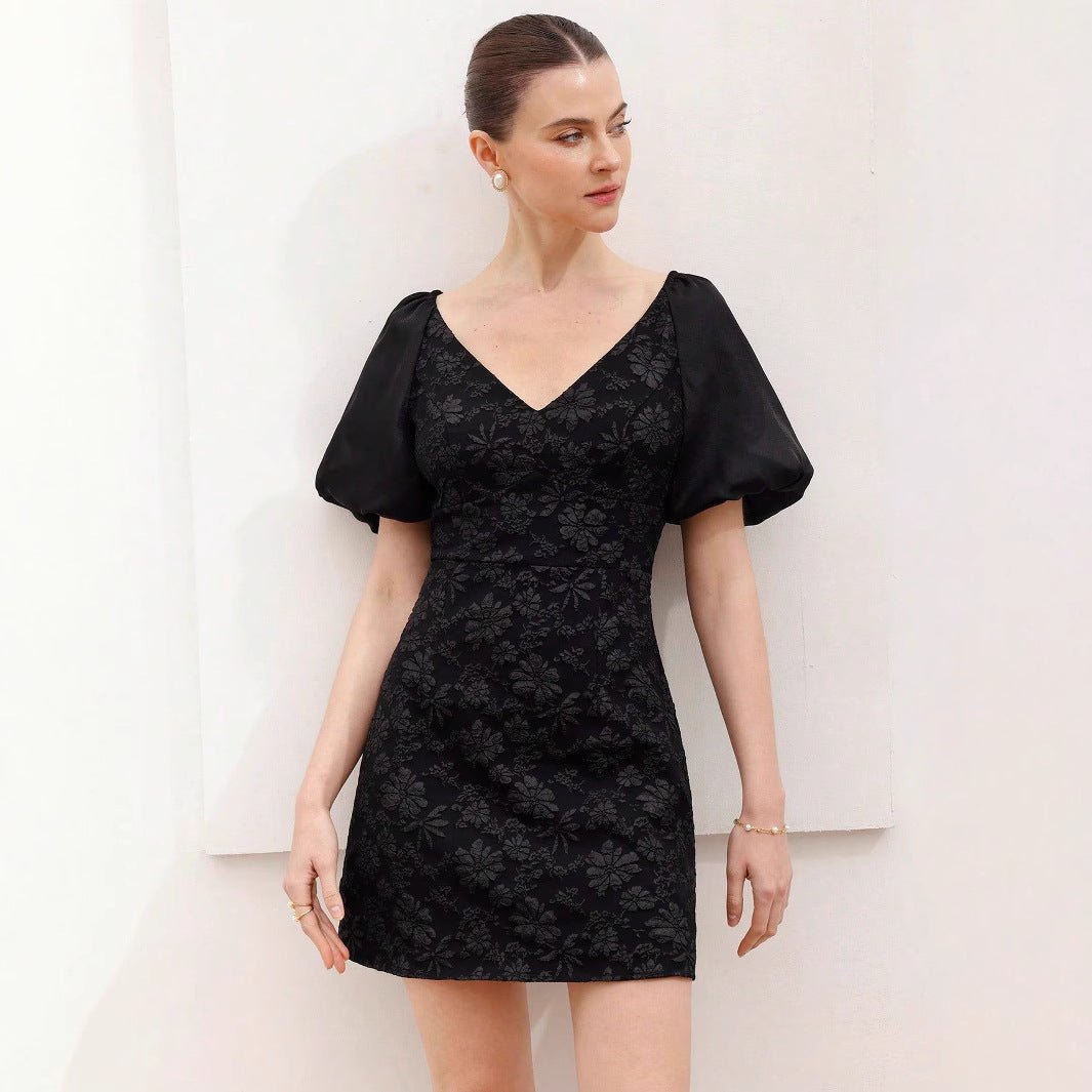 Jacquard texture V - neck bubble sleeve dress women's summer high - end sense - Negative Apparel