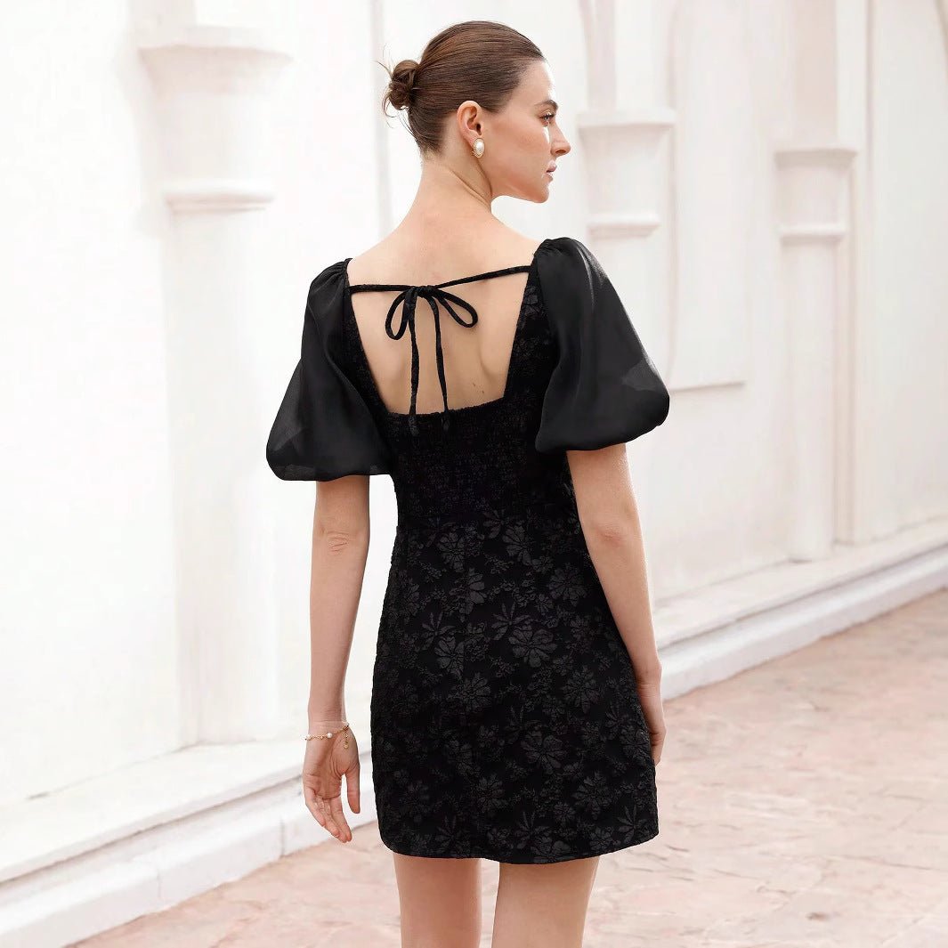 Jacquard texture V - neck bubble sleeve dress women's summer high - end sense - Negative Apparel