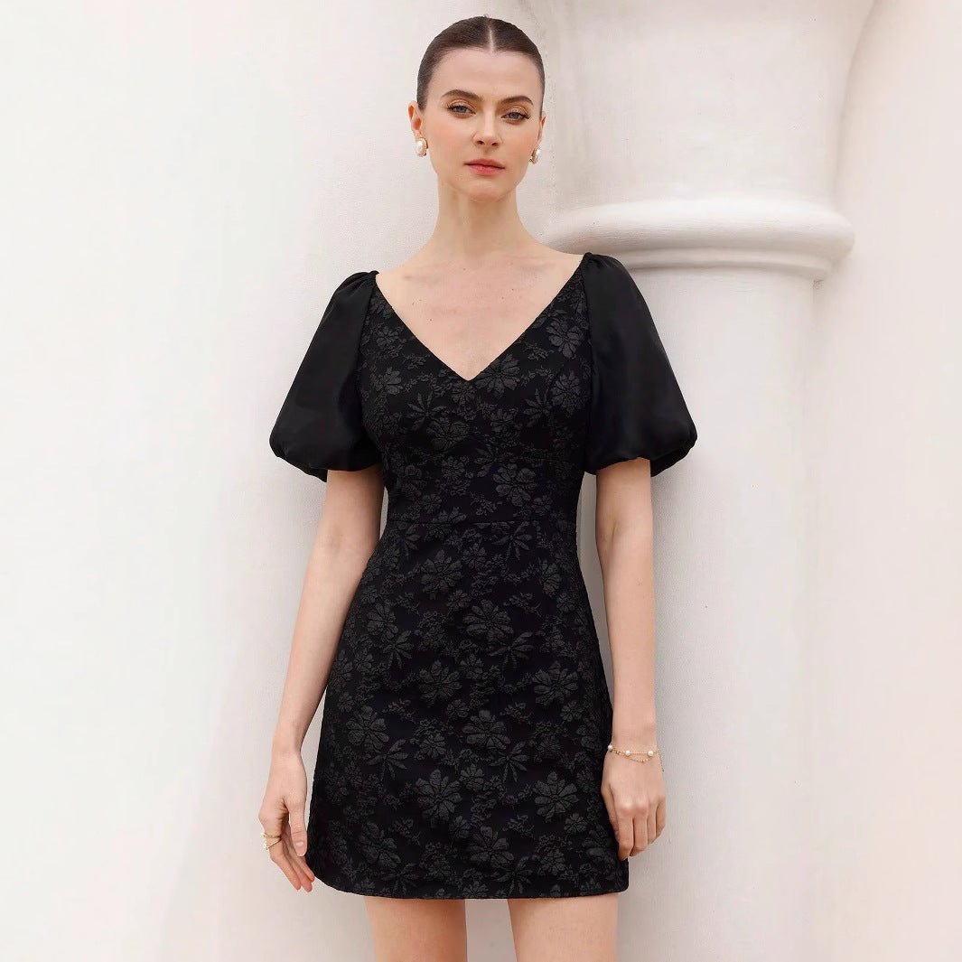 Jacquard texture V - neck bubble sleeve dress women's summer high - end sense - Negative Apparel