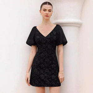Jacquard texture V - neck bubble sleeve dress women's summer high - end sense - Negative Apparel