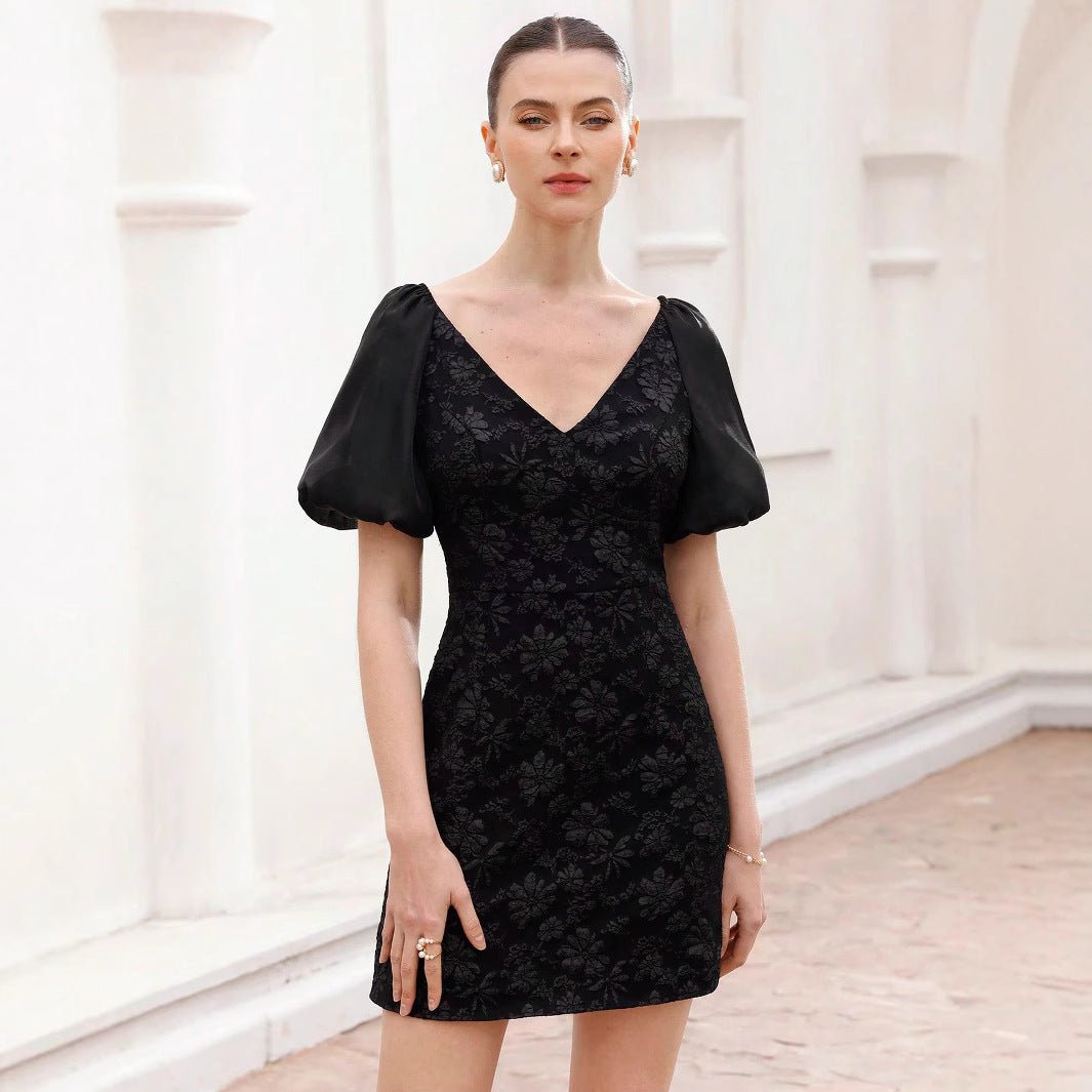 Jacquard texture V - neck bubble sleeve dress women's summer high - end sense - Negative Apparel