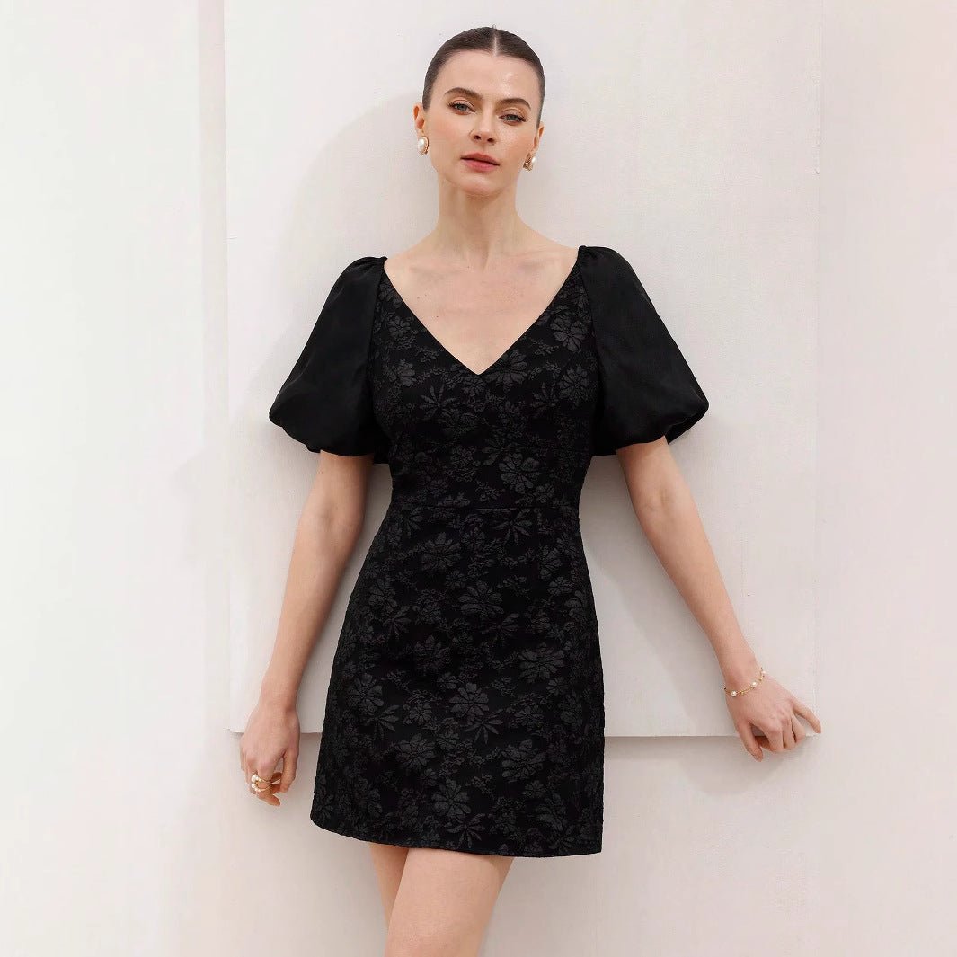 Jacquard texture V - neck bubble sleeve dress women's summer high - end sense - Negative Apparel
