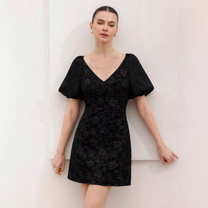 Jacquard texture V - neck bubble sleeve dress women's summer high - end sense - Negative Apparel
