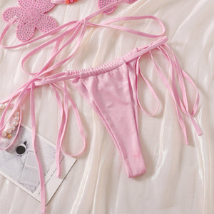 Japanese three - dimensional flower cute girl sexy suit halter neck sexy strap backless underwear two - piece set - Negative Apparel