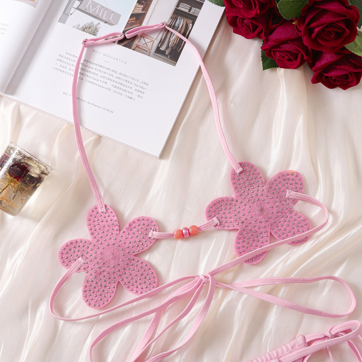 Japanese three - dimensional flower cute girl sexy suit halter neck sexy strap backless underwear two - piece set - Negative Apparel