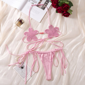 Japanese three - dimensional flower cute girl sexy suit halter neck sexy strap backless underwear two - piece set - Negative Apparel