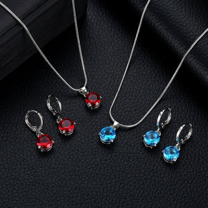 Jewelry combination necklace earrings set round multi - color zircon pendant - Negative Apparel