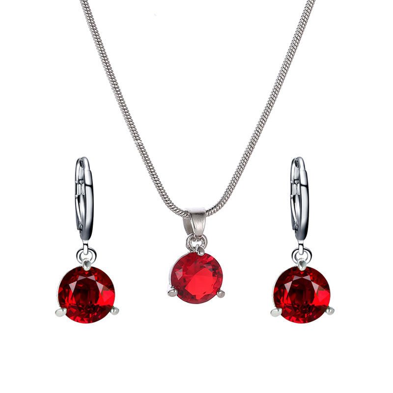 Jewelry combination necklace earrings set round multi - color zircon pendant - Negative Apparel