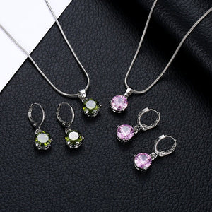 Jewelry combination necklace earrings set round multi - color zircon pendant - Negative Apparel