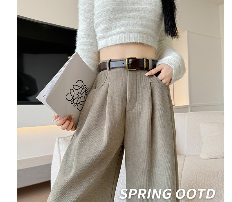 Khaki corduroy pants women's spring and autumn new loose lazy style suit pants drape and thin high - end wide - leg pants - Negative Apparel