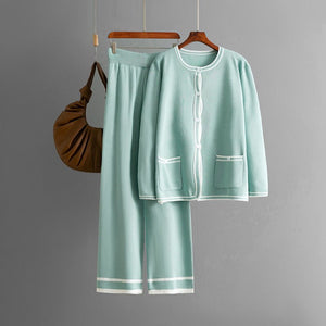 Knitted cardigan sweater + casual wide - leg pants two - piece set - Negative Apparel