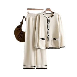 Knitted cardigan sweater + casual wide - leg pants two - piece set - Negative Apparel