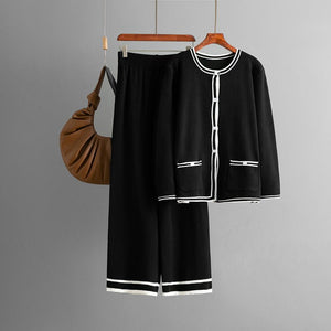 Knitted cardigan sweater + casual wide - leg pants two - piece set - Negative Apparel