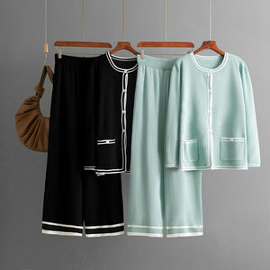 Knitted cardigan sweater + casual wide - leg pants two - piece set - Negative Apparel