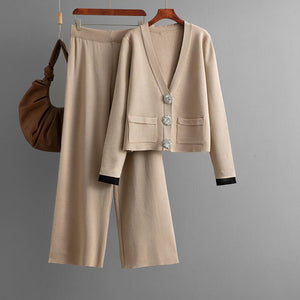 Knitted cardigan top + casual wide - leg pants two - piece set - Negative Apparel