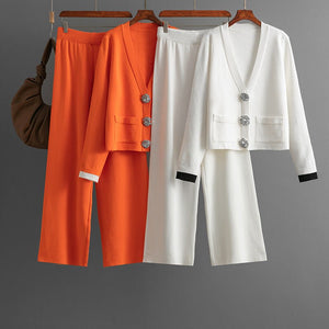 Knitted cardigan top + casual wide - leg pants two - piece set - Negative Apparel