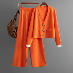 Knitted cardigan top + casual wide - leg pants two - piece set - Negative Apparel