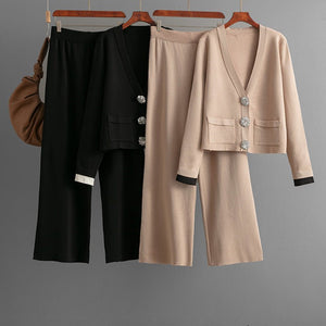Knitted cardigan top + casual wide - leg pants two - piece set - Negative Apparel