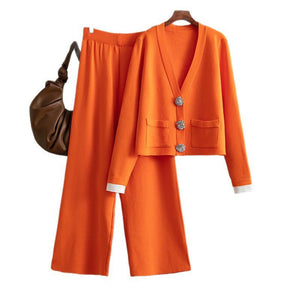 Knitted cardigan top + casual wide - leg pants two - piece set - Negative Apparel