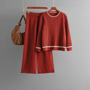 Knitted crew neck long - sleeved sweater set + casual pants two - piece set - Negative Apparel