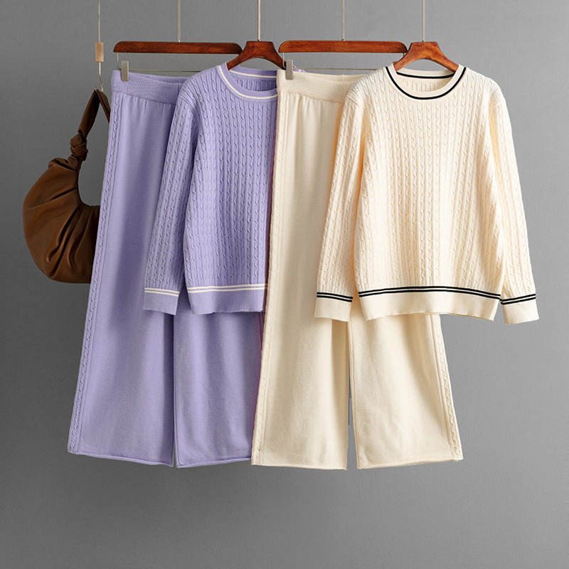 Knitted crew neck long - sleeved sweater set + casual pants two - piece set - Negative Apparel