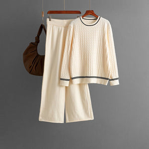 Knitted crew neck long - sleeved sweater set + casual pants two - piece set - Negative Apparel