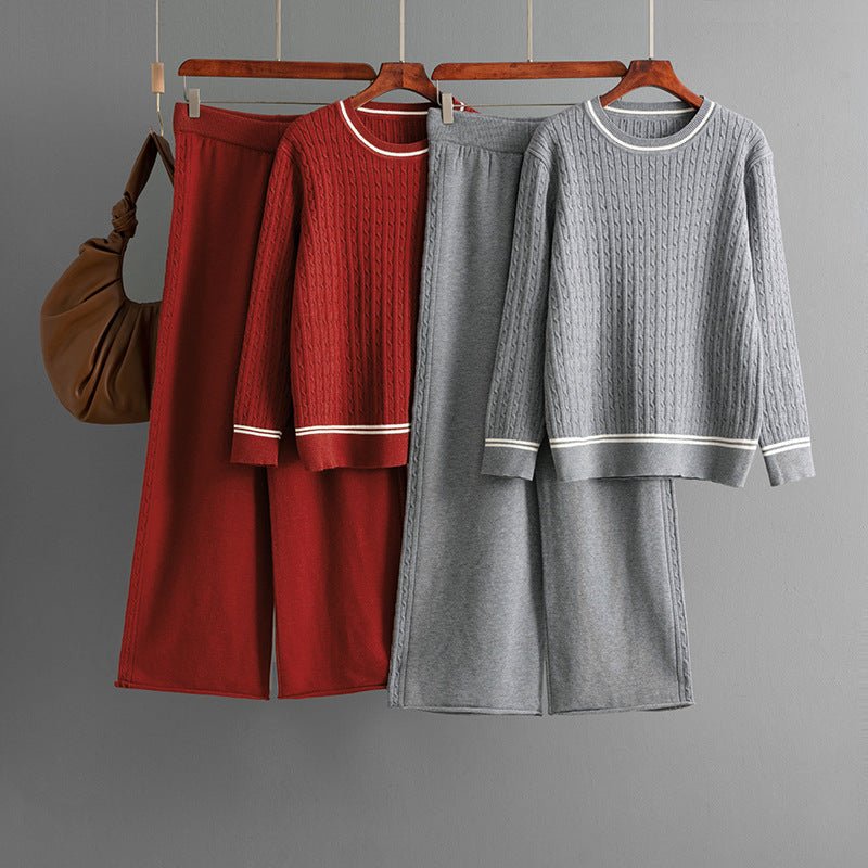 Knitted crew neck long - sleeved sweater set + casual pants two - piece set - Negative Apparel