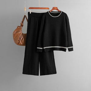 Knitted crew neck long - sleeved sweater set + casual pants two - piece set - Negative Apparel