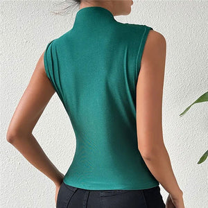 Knitted elastic collar sleeveless tops women solid color slim fit t-shirt - Negative Apparel