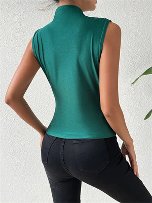 Knitted elastic collar sleeveless tops women solid color slim fit t-shirt - Negative Apparel