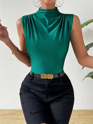 Knitted elastic collar sleeveless tops women solid color slim fit t-shirt - Negative Apparel