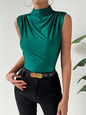 Knitted elastic collar sleeveless tops women solid color slim fit t-shirt - Negative Apparel