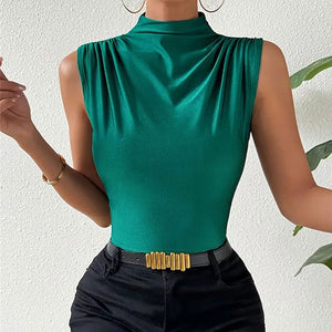 Knitted elastic collar sleeveless tops women solid color slim fit t-shirt - Negative Apparel