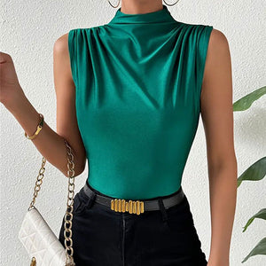 Knitted elastic collar sleeveless tops women solid color slim fit t-shirt - Negative Apparel