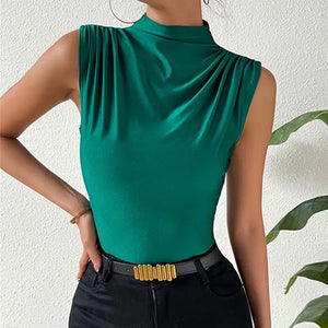 Knitted elastic collar sleeveless tops women solid color slim fit t-shirt - Negative Apparel