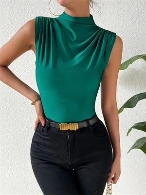 Knitted elastic collar sleeveless tops women solid color slim fit t-shirt - Negative Apparel