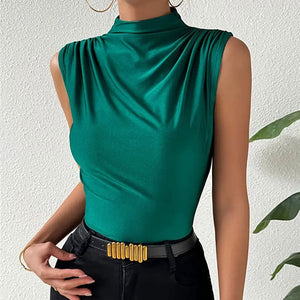 Knitted elastic collar sleeveless tops women solid color slim fit t-shirt - Negative Apparel