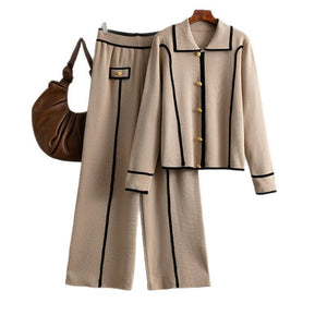 Knitted fashion suit women's casual Polo collar sweater wide - leg pants two - piece set - Negative Apparel