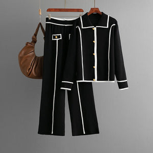 Knitted fashion suit women's casual Polo collar sweater wide - leg pants two - piece set - Negative Apparel