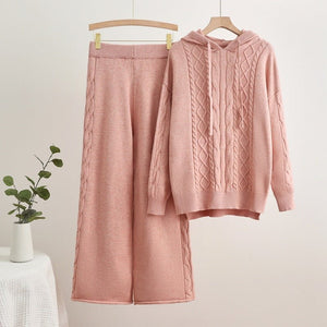 Knitted hooded drawstring threaded sweater wide - leg pants two - piece set - Negative Apparel