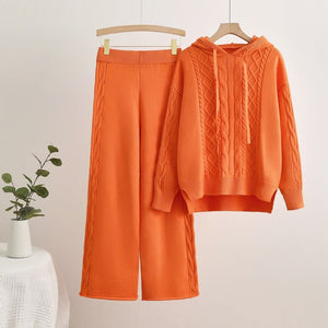 Knitted hooded drawstring threaded sweater wide - leg pants two - piece set - Negative Apparel