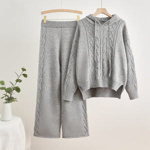 Knitted hooded drawstring threaded sweater wide - leg pants two - piece set - Negative Apparel