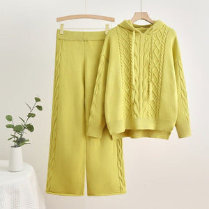 Knitted hooded drawstring threaded sweater wide - leg pants two - piece set - Negative Apparel